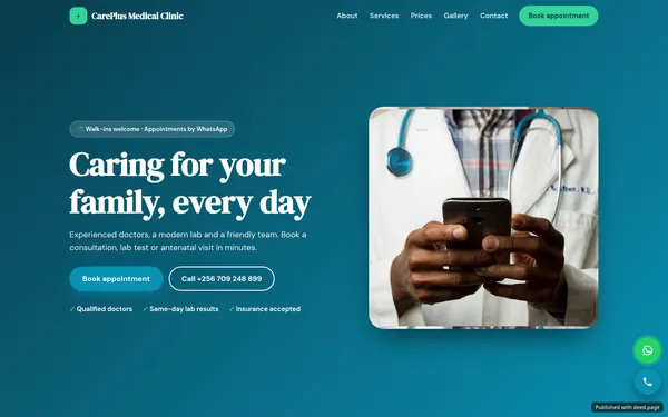 Screenshot of the CarePlus Medical Clinic website