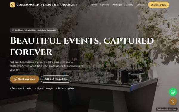 Screenshot of the Golden Moments Events & Photography website