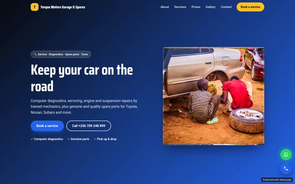 Screenshot of the Torque Motors Garage & Spares website