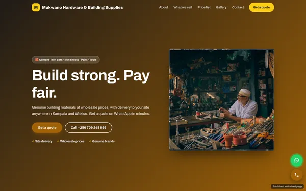 Screenshot of the Mukwano Hardware & Building Supplies website