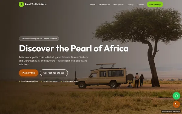 Screenshot of the Pearl Trails Safaris website