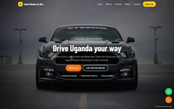 Screenshot of the Safari Wheels Car Hire website