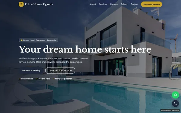 Screenshot of the Prime Homes Uganda website