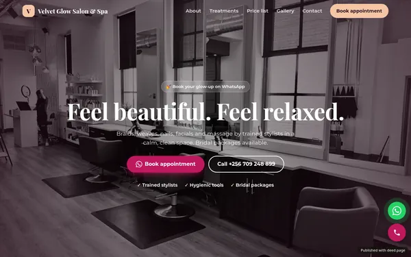 Screenshot of the Velvet Glow Salon & Spa website